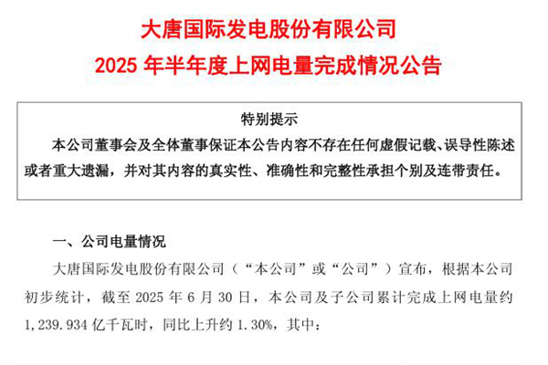 大唐發(fā)電：2025 年上半年，風(fēng)電、光伏上網(wǎng)電量同比增長31.27%和36.35%