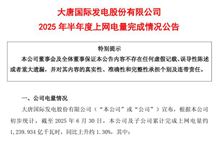大唐發(fā)電：2025 年上半年，風(fēng)電、光伏上網(wǎng)電量同比增長31.27%和36.35%